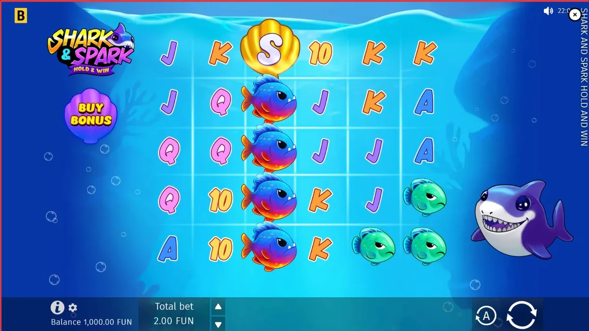 Tampilan layar utama slot Shark & Spark Hold & Win dengan karakter hiu kartun yang ramah.